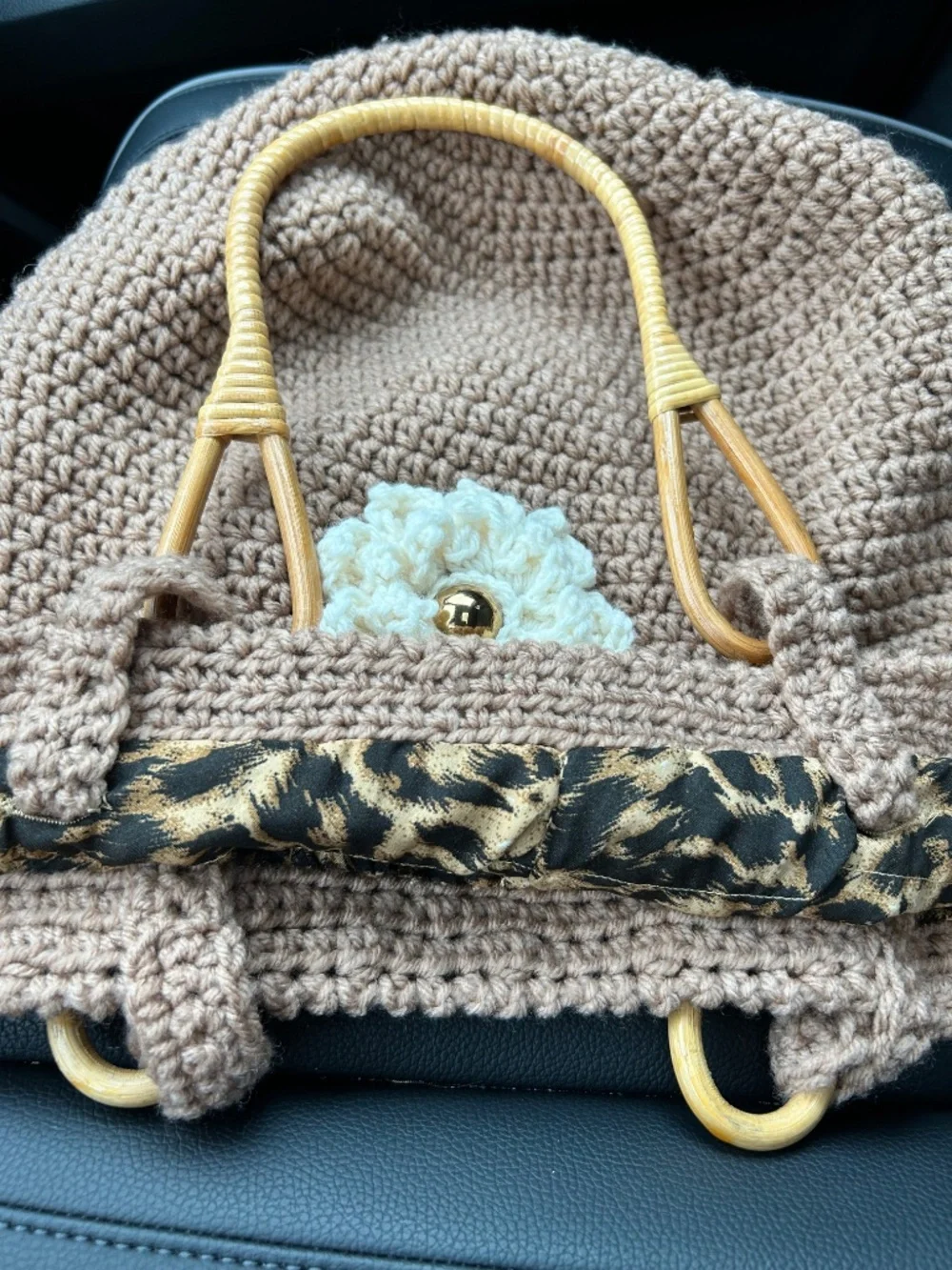 Crocheted Beige Bamboo Wooden Handle, Flower Applique, Pouch Style Bag *BOHO*